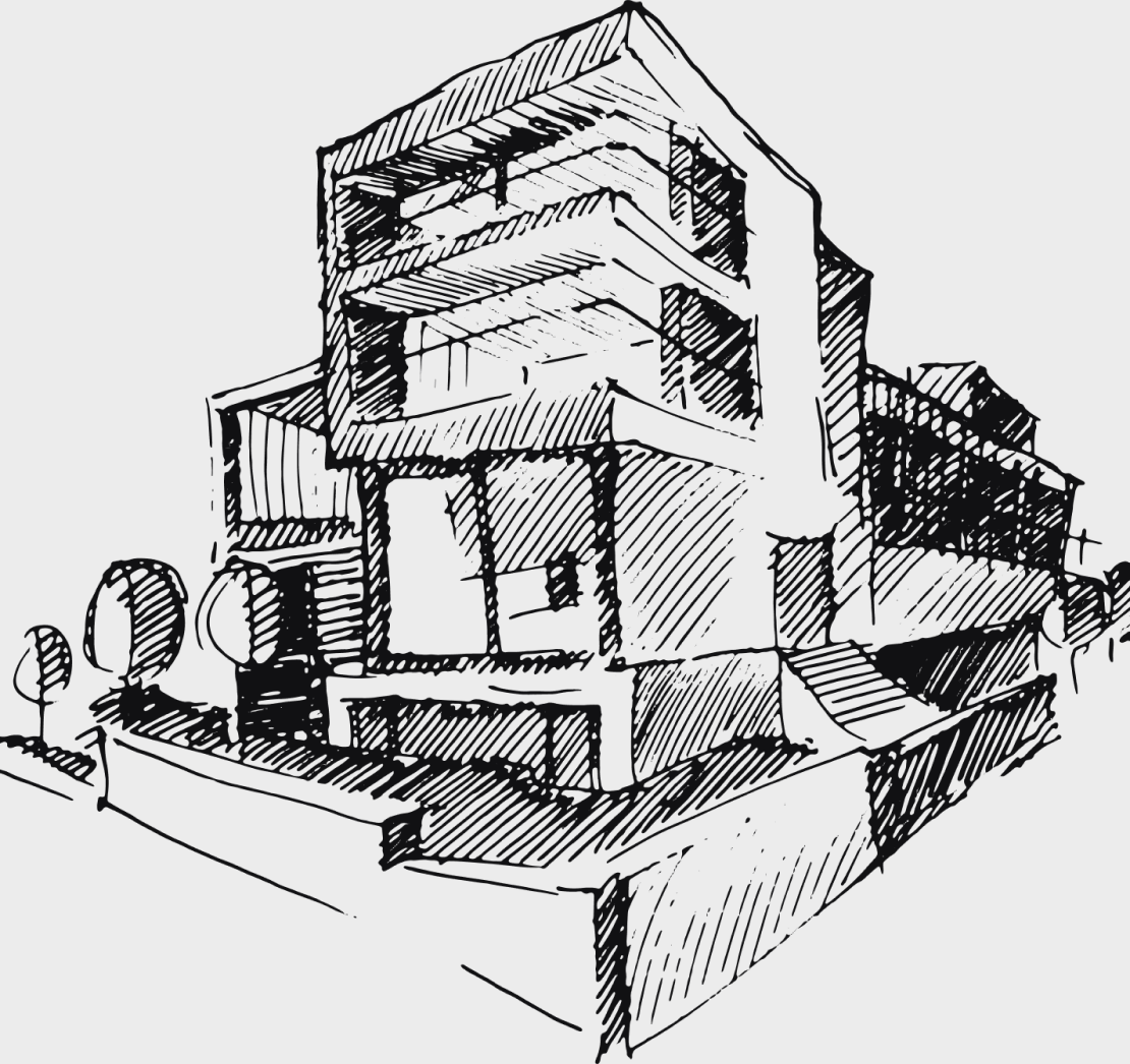 Hand-drawn sketch of a modern multi-level building with large windows and balconies.