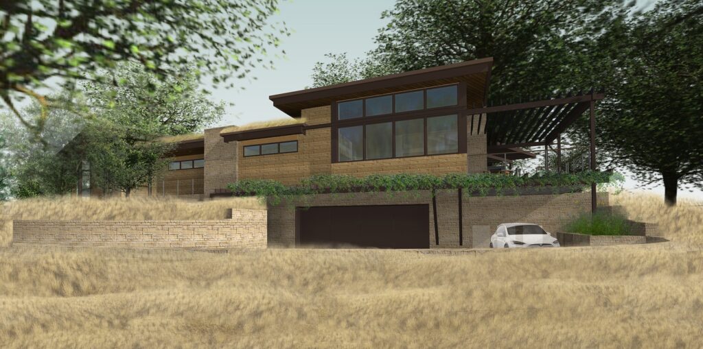 Modern home with large windows and a courtyard, nestled in a semi-rural landscape in San Francisco.