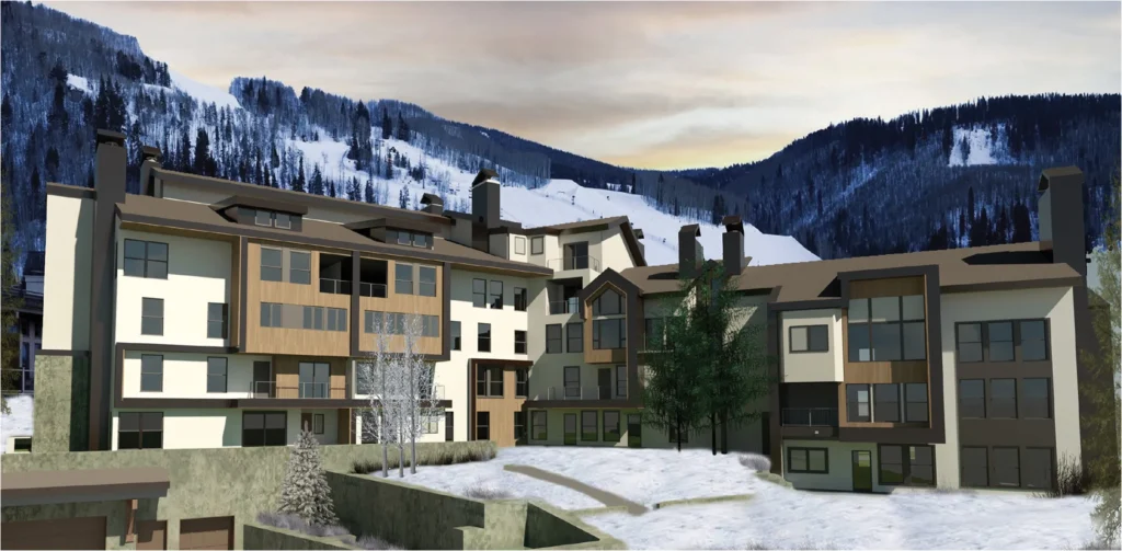 Modern mountain condo complex with elegant, minimalist design, set against a snowy alpine backdrop