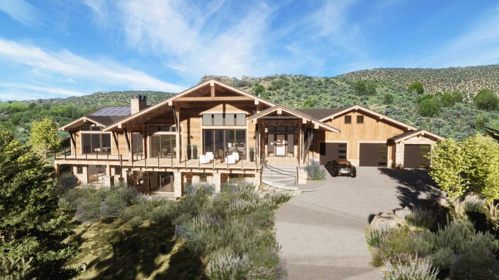 Mountain home with wood and stone design, large windows, and scenic views in Vail Valley, Colorado.
